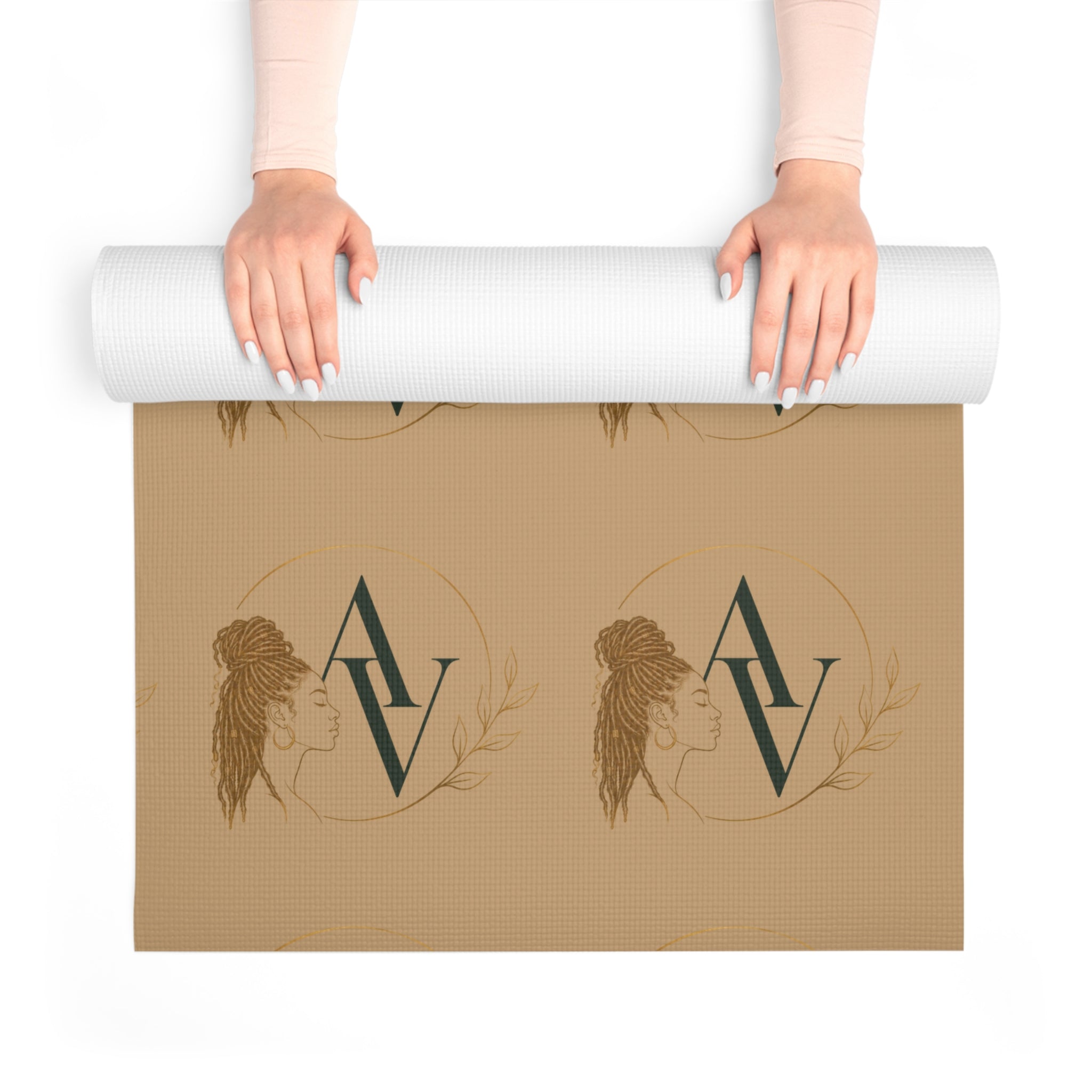Neutral Tan Foam Yoga Mat with Minimal Botanical & Monogram Pattern